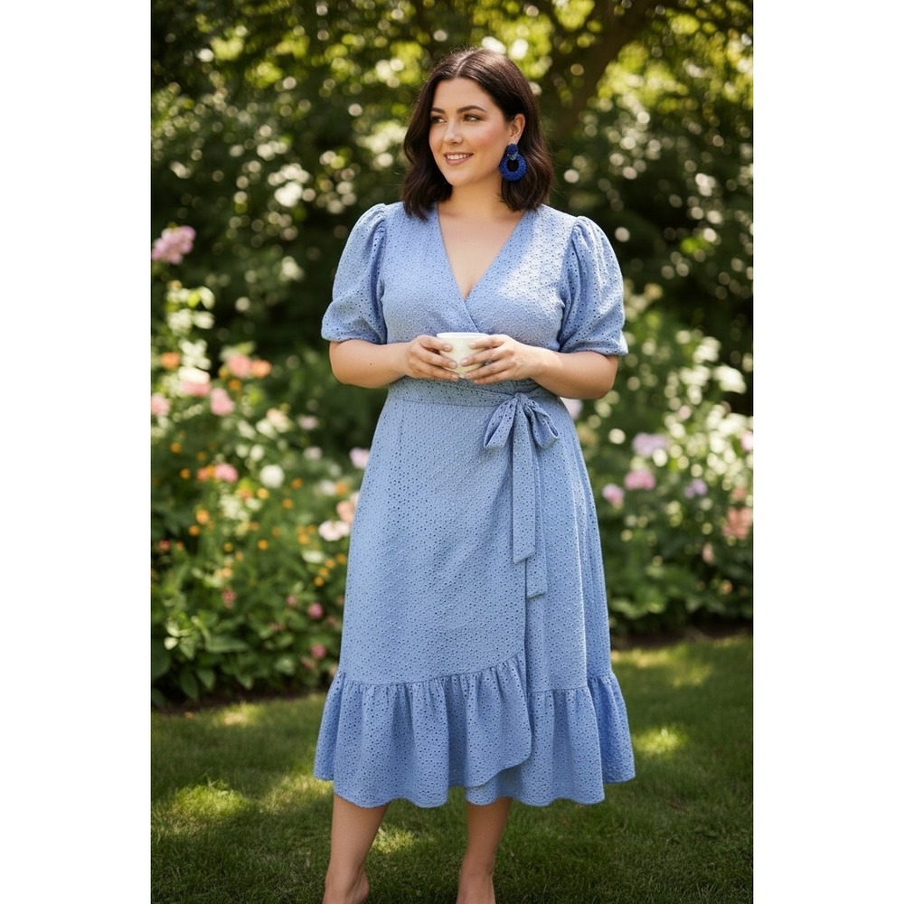 Robin's Egg Blue Eyelet Faux Wrap Midi Dress Ruffle Sz 14 Brunch Garden Party